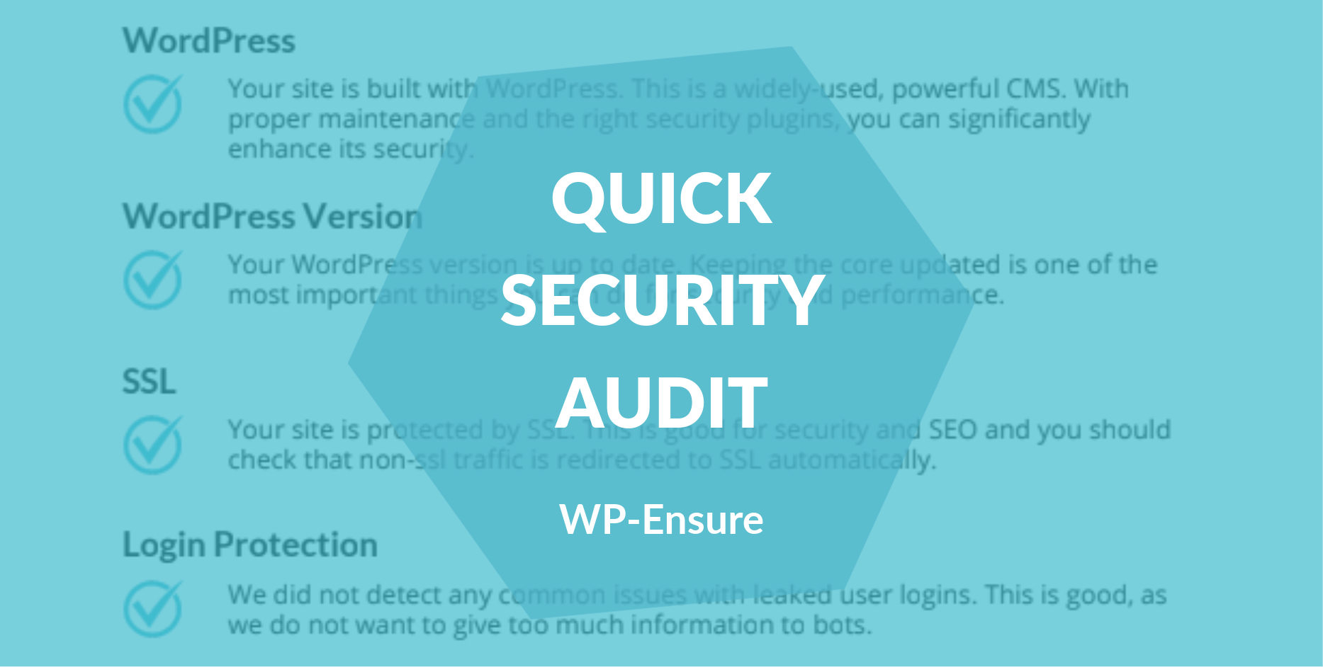 A snapshot of a report with checks for website security and an overlay with text reading Quick Security Audit - WP-Ensure.